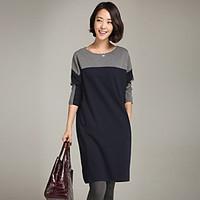 Women\'s Casual/Daily Simple Loose Dress, Color Block Round Neck Knee-length Long Sleeve Cotton Spring Mid Rise Inelastic Medium