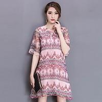womens going out cute chiffon dress print round neck above knee length ...