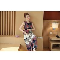 womens going out party vintage loose dress patchwork v neck maxi sleev ...