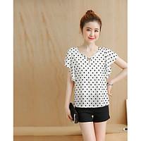 Women\'s Casual/Daily Simple Blouse, Polka Dot Round Neck Short Sleeve Polyester