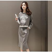 Women\'s Going out Casual/Daily Beach Vintage Cute Street chic Hoodie Skirt Suits, Striped Print Round Neck Long Sleeve