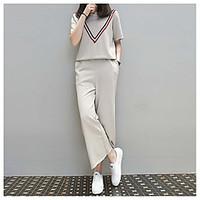 Women\'s Casual/Daily Work Simple T-shirt Pant Suits, Solid Round Neck Short Sleeve Micro-elastic