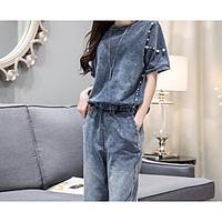 Women\'s Going out Casual/Daily Simple Chinoiserie T-shirt Pant Suits, Solid Round Neck 1/2 Length Sleeve