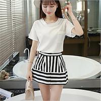Women\'s Casual/Daily Simple T-shirt Skirt Suits, Solid Round Neck Short Sleeve Micro-elastic