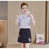 Women\'s Going out Casual/Daily Simple Street chic Shirt Skirt Suits, Solid Striped Notch Lapel ½ Length Sleeve strenchy