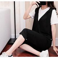 Women\'s Casual/Daily Work Simple T-shirt Pant Suits, Solid Round Neck Short Sleeve Micro-elastic