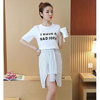 Women\'s Casual/Daily Simple T-shirt Skirt Suits, Letter Round Neck Short Sleeve Micro-elastic