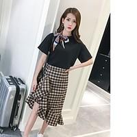 Women\'s Going out Casual/Daily Simple Cute T-shirt Skirt Suits, Solid Round Neck Short Sleeve Micro-elastic
