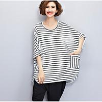 Women\'s Casual/Daily Simple T-shirt, Striped Round Neck ½ Length Sleeve Cotton