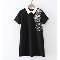 Women\'s Casual Loose Dress, Solid Print Shirt Collar Above Knee Short Sleeve Cotton Summer Mid Rise Inelastic Thin