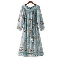 womens casual a line dress print round neck maxi long sleeve rayon sum ...