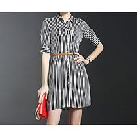 Women\'s Beach Black and White Dress, Striped Color Block Shirt Collar Above Knee ½ Length Sleeve Others Summer High Rise Micro-elastic Thin