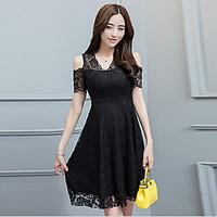 Women\'s Going out Street chic Sheath Lace Dress, Solid Off Shoulder Above Knee Short Sleeve Polyester Summer Mid Rise Micro-elastic Medium