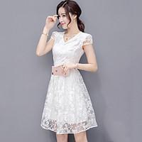 Women\'s Going out Holiday Cute A Line Lace Dress, Solid V Neck Above Knee Short Sleeve Polyester Spandex Summer Mid Rise Micro-elastic Thin