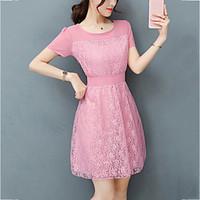 Women\'s Slim chic Chiffon Dress Solid Patchwork Lace Round Neck Mini Short Sleeve Summer Mid Rise