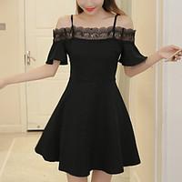 womens slim strapless chic a line dress solid patchwork lace cut out r ...