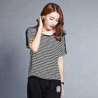 Women\'s Casual/Daily Simple T-shirt, Striped Round Neck Short Sleeve Cotton