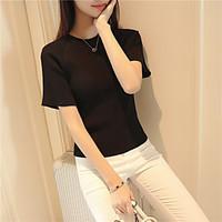 Women\'s Casual/Daily Simple Spring Summer T-shirt, Solid Round Neck Short Sleeve Bamboo Fiber Opaque