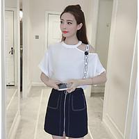 Women\'s Casual/Daily Street chic T-shirt Skirt Suits, Solid One Shoulder Short Sleeve Micro-elastic
