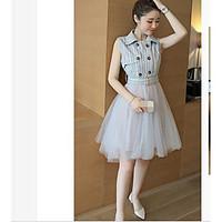 Women\'s Going out Casual/Daily Sexy Shirt Skirt Suits, Striped Stand Sleeveless Lace Micro-elastic