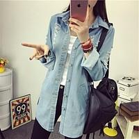 Women\'s Casual/Daily Vintage Spring Denim Jacket, Solid Shirt Collar Long Sleeve Long Others