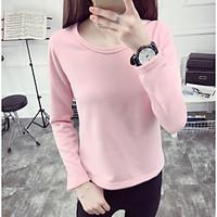 Women\'s Casual/Daily Simple Street chic Winter T-shirt, Solid Round Neck Long Sleeve Cotton Thick