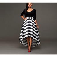 Women\'s Party Black and White Dress, Striped U Neck Midi ½ Length Sleeve Cotton Spring Mid Rise Inelastic Medium