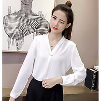 Women\'s Casual/Daily Work Cute Shirt Pant Suits, Solid V Neck Long Sleeve Chiffon Inelastic