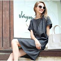 Women\'s Casual/Daily Simple Loose Dress, Solid Round Neck Above Knee Short Sleeve Cotton Summer High Rise Micro-elastic Thin