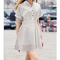 Women\'s Casual/Daily Cute Loose Dress, Striped Shirt Collar Above Knee Short Sleeve Cotton Summer Mid Rise Micro-elastic Thin