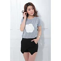 Women\'s Casual/Daily Simple T-shirt Skirt Suits, Solid Print Deep U Short Sleeve Micro-elastic