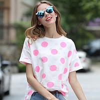 Women\'s Casual/Daily Cute Spring Summer T-shirt, Polka Dot Crew Neck Short Sleeve Pink Cotton Medium