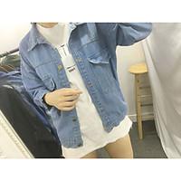 Women\'s Going out Casual/Daily Sports Sexy Street chic Active Spring Denim Jacket, Solid Shirt Collar Long Sleeve Short Cotton