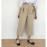 Women\'s Mid Rise Micro-elastic Chinos Pants, Boho Vintage Loose Wide Leg Solid Print