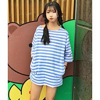 Women\'s Casual/Daily Simple Cute Spring Summer T-shirt, Striped Round Neck Short Sleeve Cotton Thin