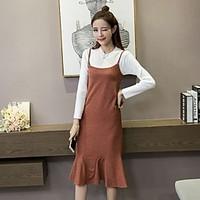 womens going out sheath dress solid round neck midi long sleeve silk s ...