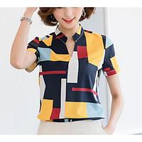 Women\'s Going out Vintage Chinoiserie Blouse, Solid Color Block V Neck Short Sleeve Polyester