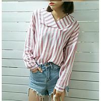 Women\'s Going out Vintage Shirt, Solid Striped V Neck Long Sleeve Polyester
