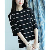 Women\'s Casual/Daily Simple T-shirt, Striped Round Neck ½ Length Sleeve Cotton