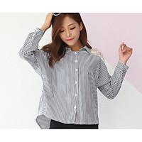 womens casualdaily simple spring shirt striped stand long sleeve cotto ...