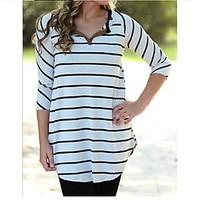 Women\'s Casual/Daily Simple T-shirt, Striped V Neck Long Sleeve Cotton