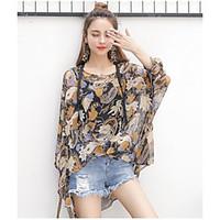 Women\'s Casual/Daily Simple Cute Spring Summer Blouse, Print Round Neck Long Sleeve Others Sheer Thin