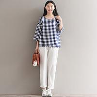 womens casualdaily simple t shirt plaid round neck long sleeve cotton  ...