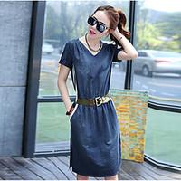 Women\'s Casual/Daily Denim Dress, Solid V Neck Knee-length Short Sleeve Cotton Summer High Rise Micro-elastic Thin