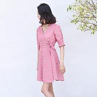 Women\'s Casual/Daily A Line Dress, Striped V Neck Above Knee ½ Length Sleeve Cotton Summer High Rise Micro-elastic Thin