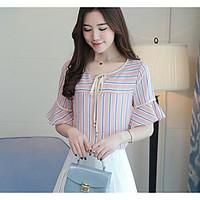 womens casual simple summer blouse striped round neck short sleeve cot ...