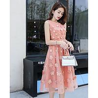 Women\'s Daily Skater Dress, Print Round Neck Midi Sleeveless Polyester Summer High Rise Inelastic Thin