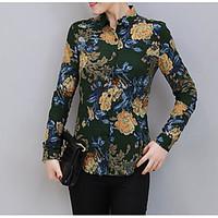 womens casual simple shirt print stand long sleeve cotton