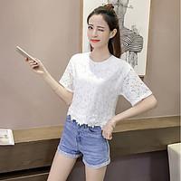 Women\'s Casual Cute Summer T-shirt, Solid Round Neck Short Sleeve Lace