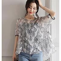 womens casual simple summer blouse print round neck short sleeve cotto ...